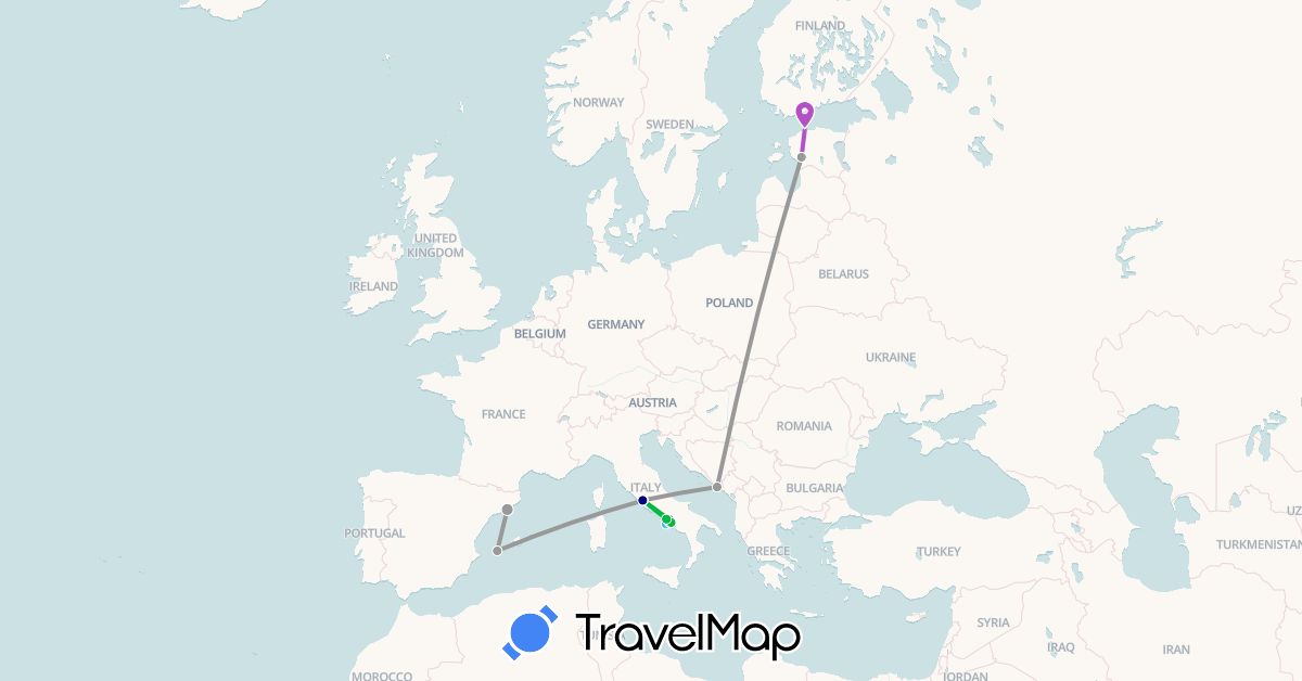 TravelMap itinerary: driving, bus, plane, train, boat in Estonia, Spain, Croatia, Italy, Vatican City (Europe)